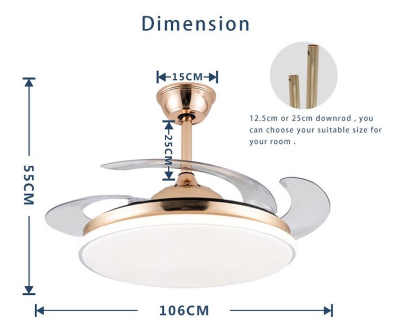 Smart Home Control Clear Acrylic Fan Blades 42 Inch Golden Chandelier Light with Fan