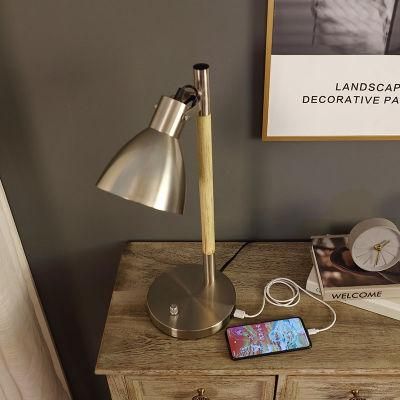 USB Table Lamp, LED Light Wood Finish Metal Desk Lamp, Adjustable Lampshade, Eye-Caring Reading Lamp