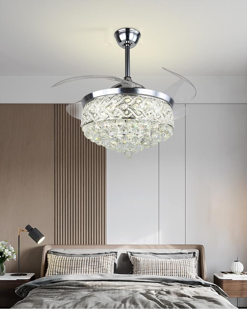 Luxury Golden LED Chandelier Lighting Remote Control Fancy Pendant Lamp Hotel Modern Crystal Ceiling Fan with Light Home