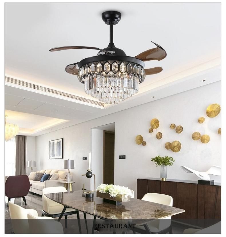 Factory Retractable Blades Ceiling Fan with Light Remote Indoor Lighting Control European Luxury Crystal LED Ceiling Fan