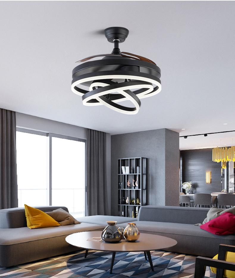 Modern Remote Control Hotel&Bedroom Big Lampshade Dimmable Light Ceiling Fan with Retractable Blades