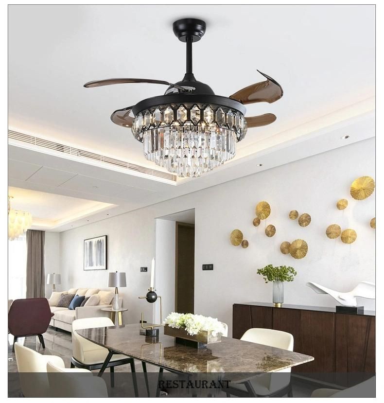Decorative Luxury Retractable Chandelier Crystal Fancy Hidden Transparent Blade Ceiling Fan with Light