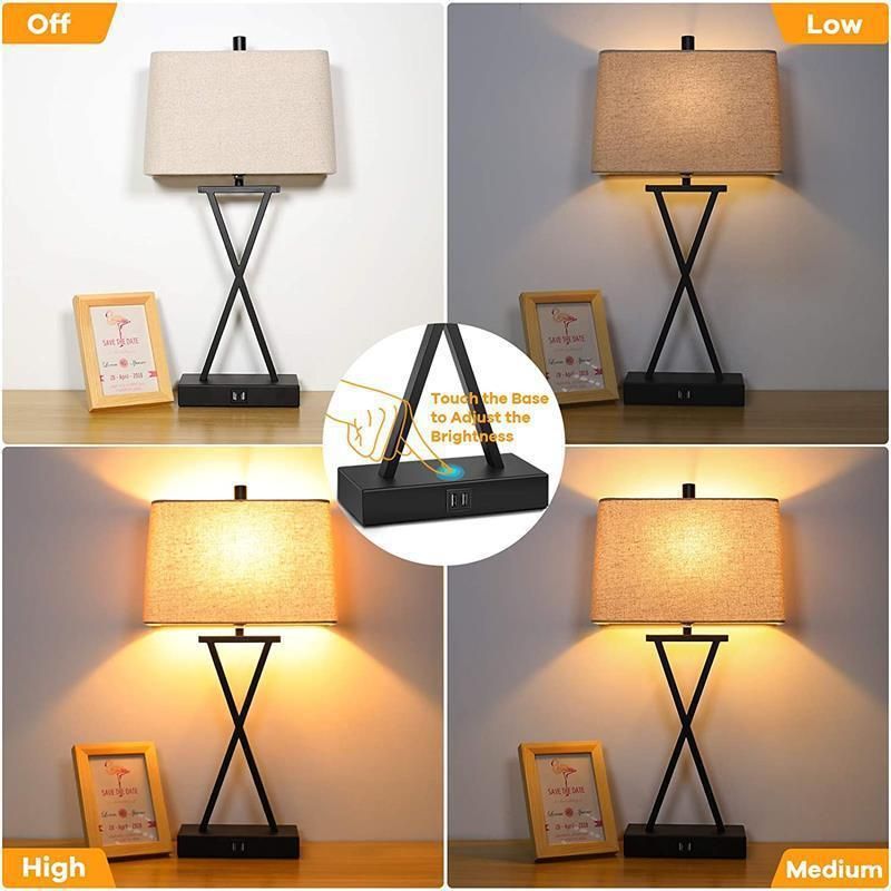 Modern USB Table Lamp Linen Shade Wireless Charge Table Lamps Black LED Light