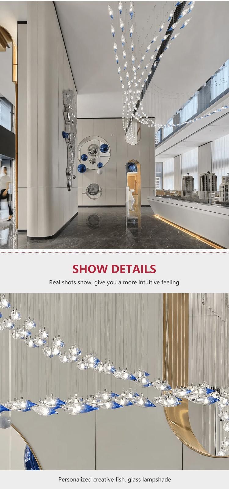 Large Decorative Hotel Long Stair Luxury Blue Glass LED Custom Project Chandelier Light