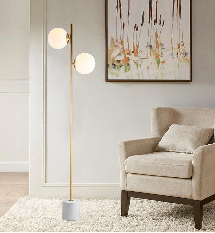 Nordic Modern Creative Floor Lamps Home Living Room Decoration Light Romantic Designer Stand Gold Metal Marble LED Floor Lamp with Two Glass Ball Shades