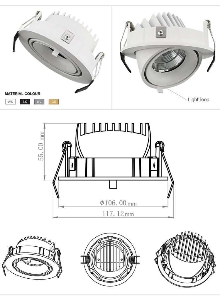 OEM ODM Aluminum TUV CE CB 10W 15W Recessed Adjustable LED Spot for Hotel and Apartment Residential Rooms LED Downlight