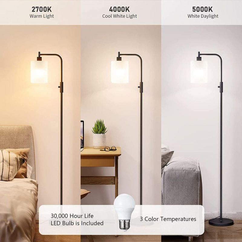 Industrial Tall Standing Lighting Living Room Modern Floor Lamp with 3-Color Temperature LED Light Bulb White Frosted Hanging Glass Shade
