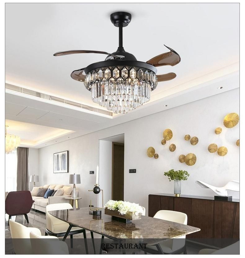 Luxury Invisible ABS Blade Fan Chandelier Lighting Remote Control Black Crystal Chandelier LED Ceiling Fan