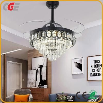 Luxury Invisible ABS Blade Fan Chandelier Lighting Remote Control Black Crystal Chandelier LED Ceiling Fan