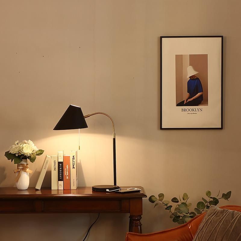 LED Light Black Metal Table Lamp with Adjustable Head, Desk Lamp with USB Charging Port