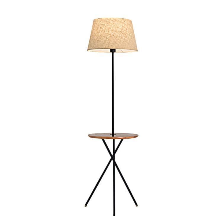 Nordic Style Tiffany American Modern Wood Cloth Fabric Floor Lamp Tripod Floor Lamp with Table Shelf for Living Room Hotel Bedroom