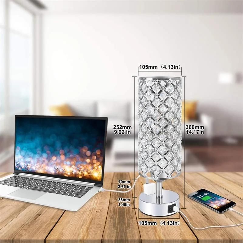Touch Control Crystal Table Lamp Set of 2 Bedside Nightstand Lamps with 2 USB Charging Ports, Outlet, K9 Crystal Decorat