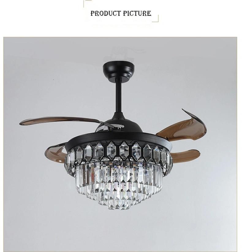Luxury Retractable ABS Blades Silent Copper Motor Metal Decorative Crystal Ceiling Fan Light Modern