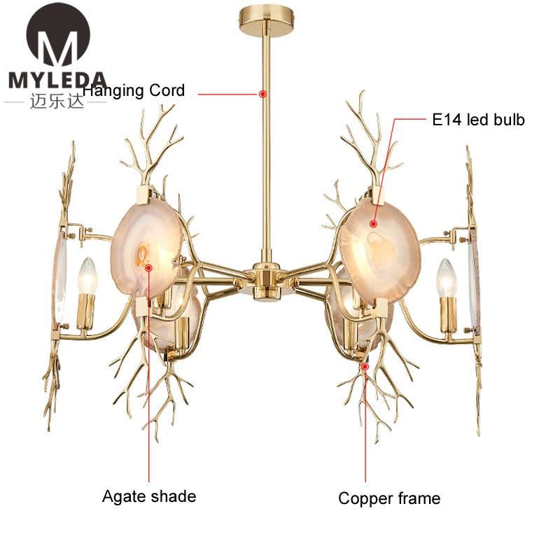 Modern Home Hanging Brass Agate Chandelier Pendant Lamp