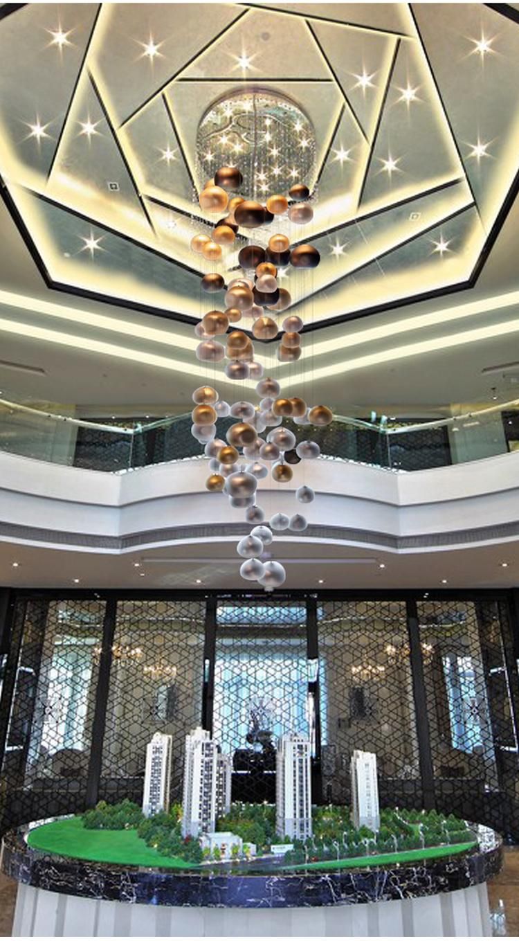 Custom Engineering Decorative Long Stairway Luxury Glass Steel Wire LED Chandelier Lamp