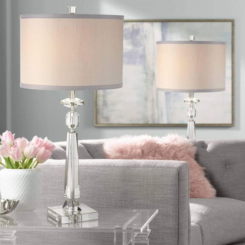 Modern Contemporary Luxury Style Table Lamps Set of 2 Clear Crystal Column Gray Drum Shade for Living Room Bedroom House Bedside Nightstand Home Office Reading