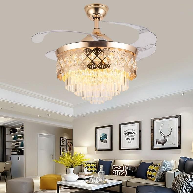 Luxury Crystal Gold Chandelier Reversible Invisible Retractable Ceiling Fan with Light