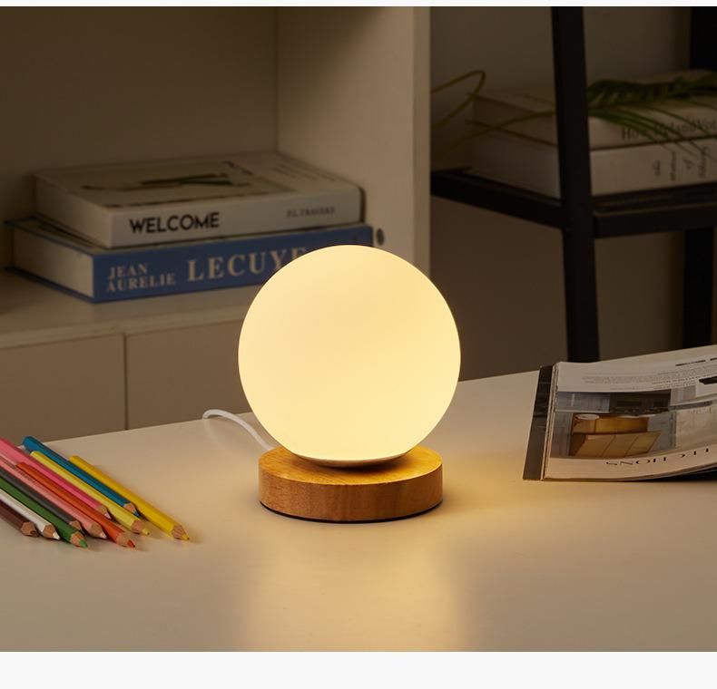 Modern Table Lamps Glass Globe Table Light Wood Base Bedroom Desk Lamps Study Night Lighting