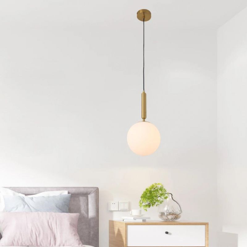 Industrial E27 White Glass Ball Shade Round Single Vintage Hanging Lamp Chandelier Pendant Ceiling Light Gold Modern Globe Pendant Light for Bar Dining Room