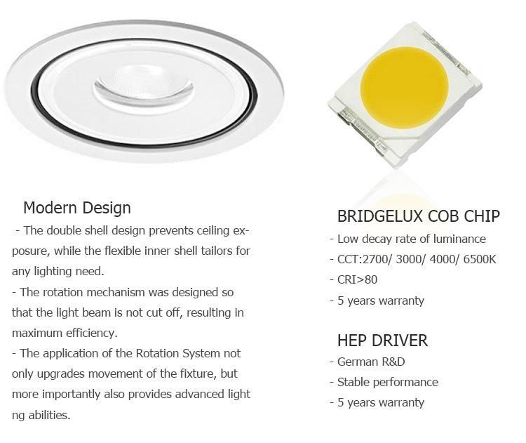 High Quality Hotel Indoor Fixtures Adjustable Aluminum Housing COB Recessed LED Downlight