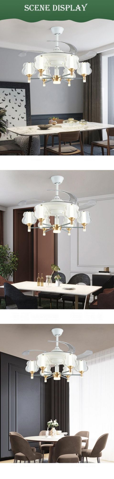 Hotel Decorative Lighting Chandelier Crystal Folding Remote Control Ceiling Fans with LED Light