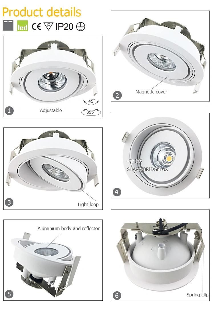 Die-Casting Aluminum 10W 15W Round Adjustable Recessed LED Spot Light LED Downlight