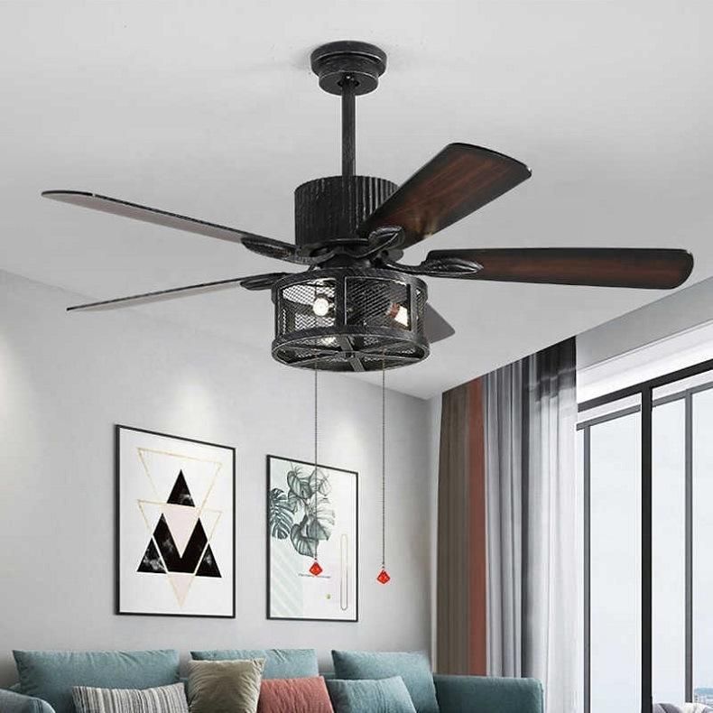 Industrial Cool Wind Retro Dining Room Living Room Wood Blade Leaf Fan Remote Control Electric Ceiling Fan Lamp