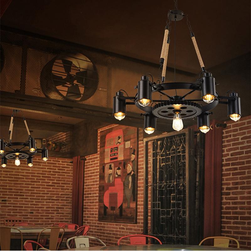 Vintage Iron Black 6 Light Chandelier Pendant Lamp European Antique Rope Lamp for Indoor Decoration