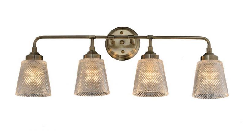 Four Lite Antique Brass E26 Glass Vanity Wall Light