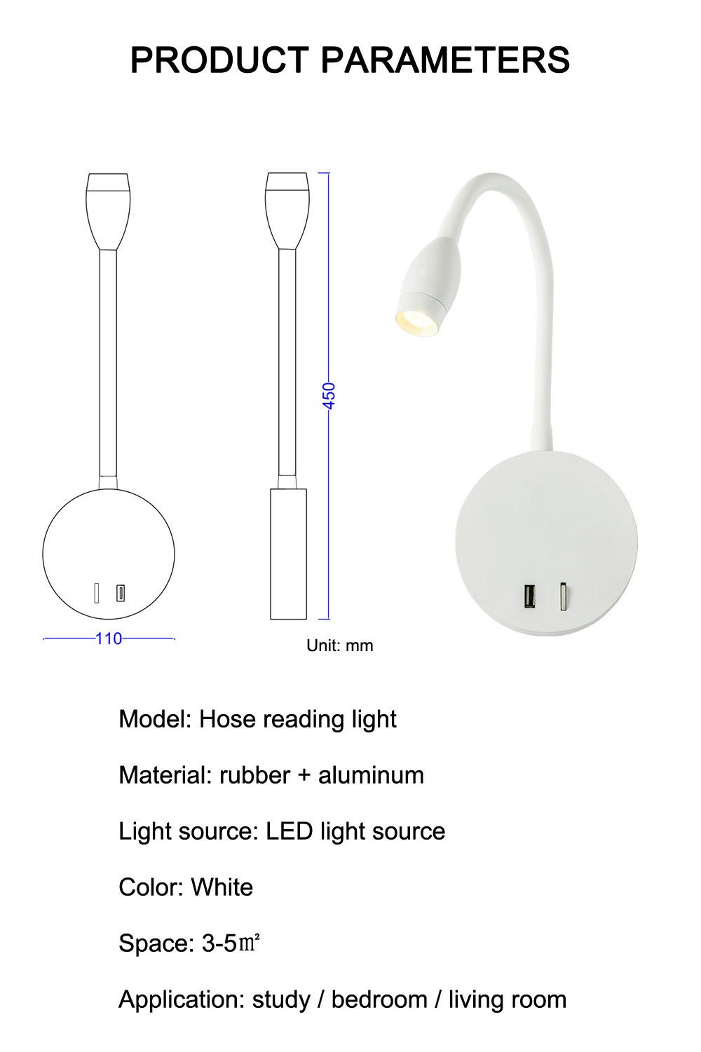LED Reading Lamp Study Room Bedside Reading Wall Lamps 5V 2A USB Port LED Wall Mounted Table Reading Lights