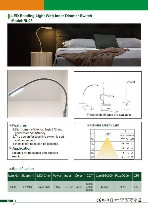 12V Gooseneck LED Reading Light with Inner Touch Dimmer Switch Bedroom LED Light