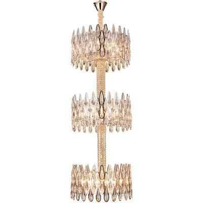 Hotel Home Decor Indoor Luxury Art Design Hanging Light Modern Gold Three Layers Stairwell Crystal Pendant Lamp