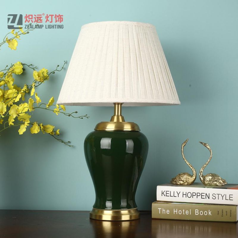 White Bell Shade Dark Green Ceramic Table Lamp (TL8062)