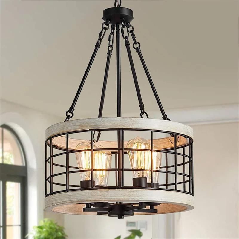 LED European Indoor Light Living Room Retro Industrial Style Wrought Iron Wooden Chandelier