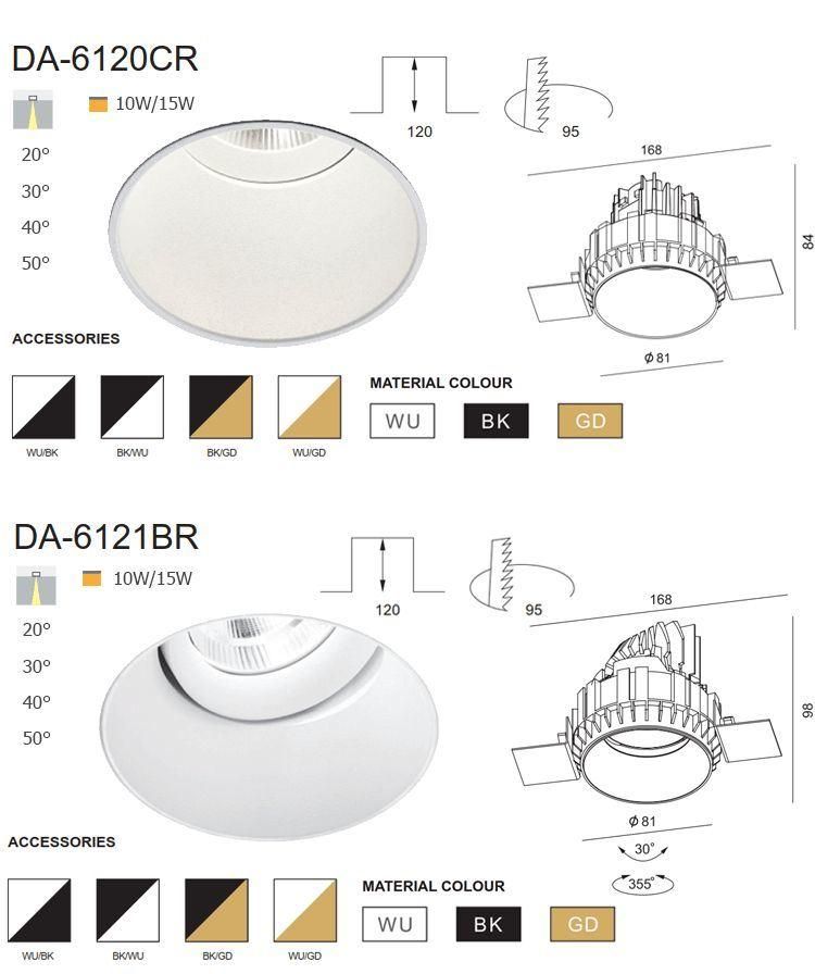 Single Head Aluminum 10W 15W Adjustable LED COB Recessed Spotlight Downlight