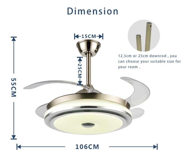 Simple Design 220V 240V 3 Color Changeable Retractable Hidden Blades Ceiling Light with Fan