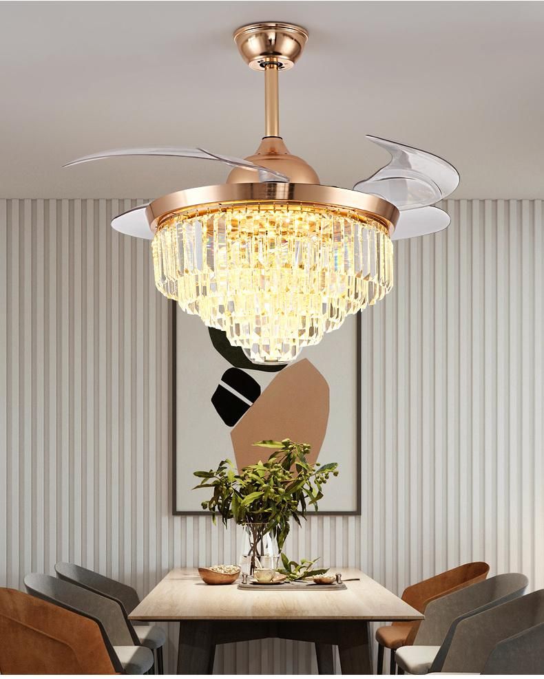 Crystal Ceiling Lamp Hidden Retractable Blades Retractable LED Ceiling Fan with Lighting Remote Control Luminous Light