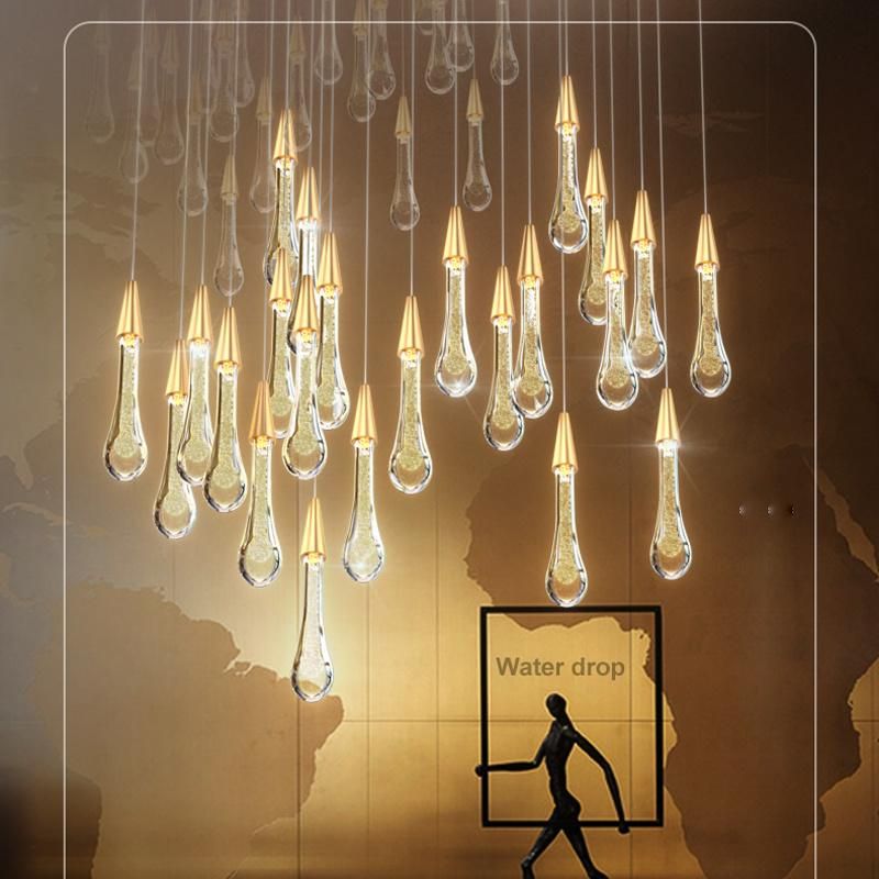 Rotating Stair Chandelier Modern Water Drop Stateroom Light Creative Villa LED Pendant Lamp