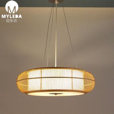 Decorative Modern Round Wooden Chandelier with Bamboo Lampshade