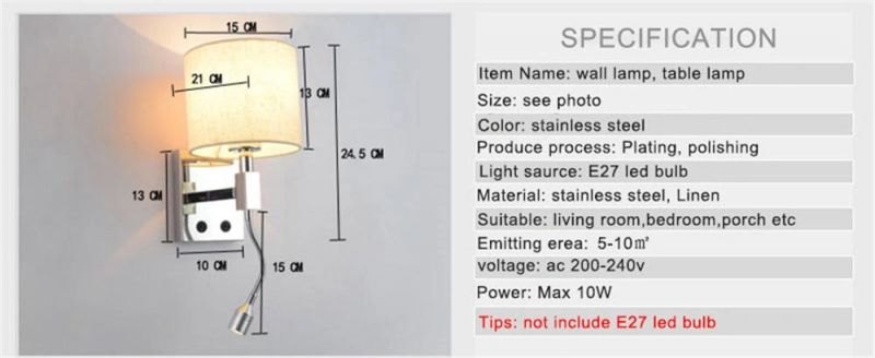 LED Wall Lights Bedside Wall Lamp Linen Lampshade Stainless Steel Base Modern Home Hotel Reading Lamp 220V Night Light