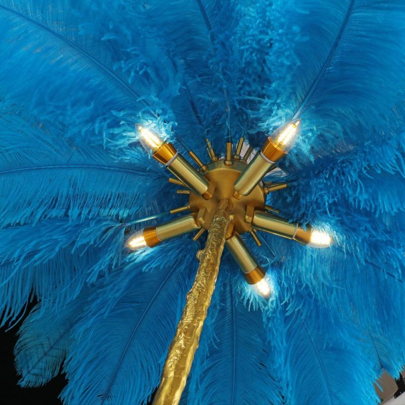 2022 Luxury Modern Light Antique Ostrich Blue Feathers Stand Lamps Corner Decorative LED Gold Floor Chandelier Lighting