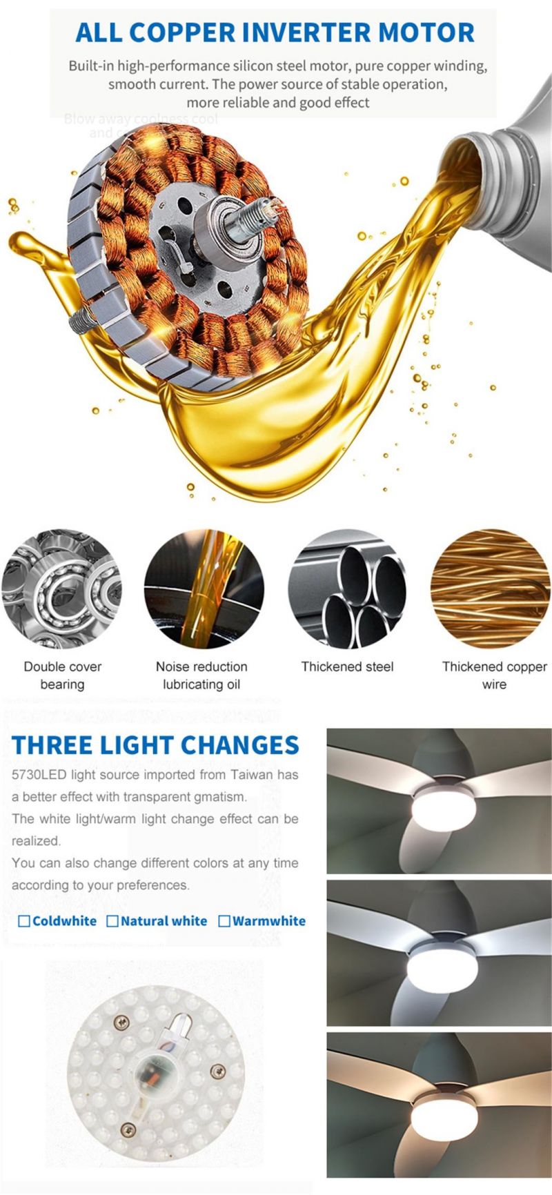 Factory Direct DC Inverter Motor Low Noise ABS Blade Fan Ceiling Light