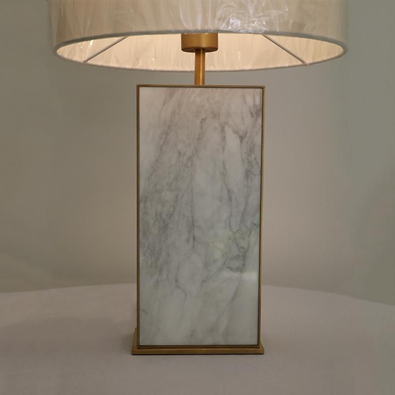 White Silk Shade with Opal Acrylic Diffuser and Marble Base Table Lamp.