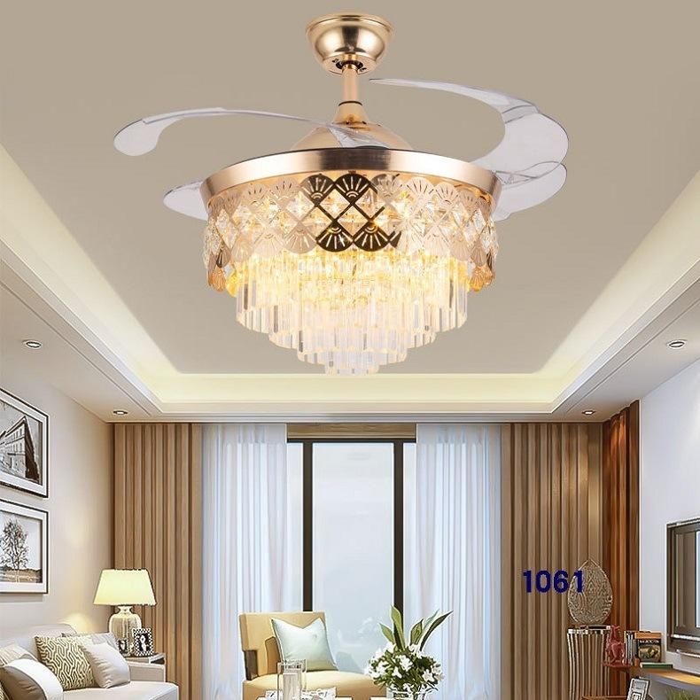 Luxury Crystal Gold Chandelier Reversible Invisible Retractable Ceiling Fan with Light