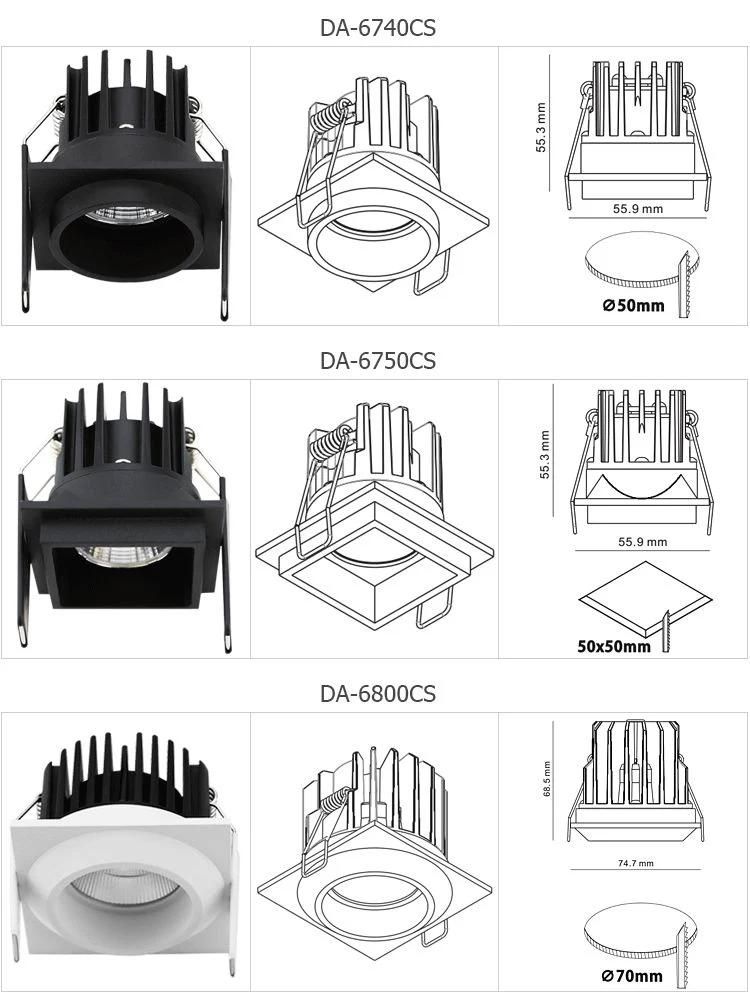 Aluminum Housing Waterproof IP44 4000K Single Head Square CCT COB Dimmable Recessed LED Downlight