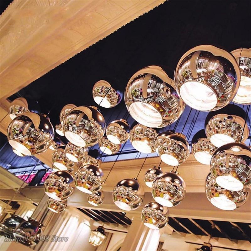 LED Chandelier Modern Glass Ball Pendant Lamp Luster Copper Sliver Shade Mirror Hanging Lamp Home Decor Light Fixtures