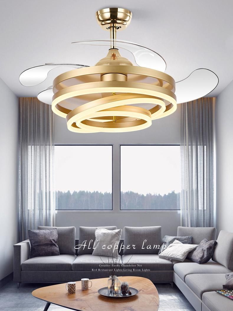 Modern Remote Control Hotel&Bedroom Big Lampshade Dimmable Light Ceiling Fan with Retractable Blades