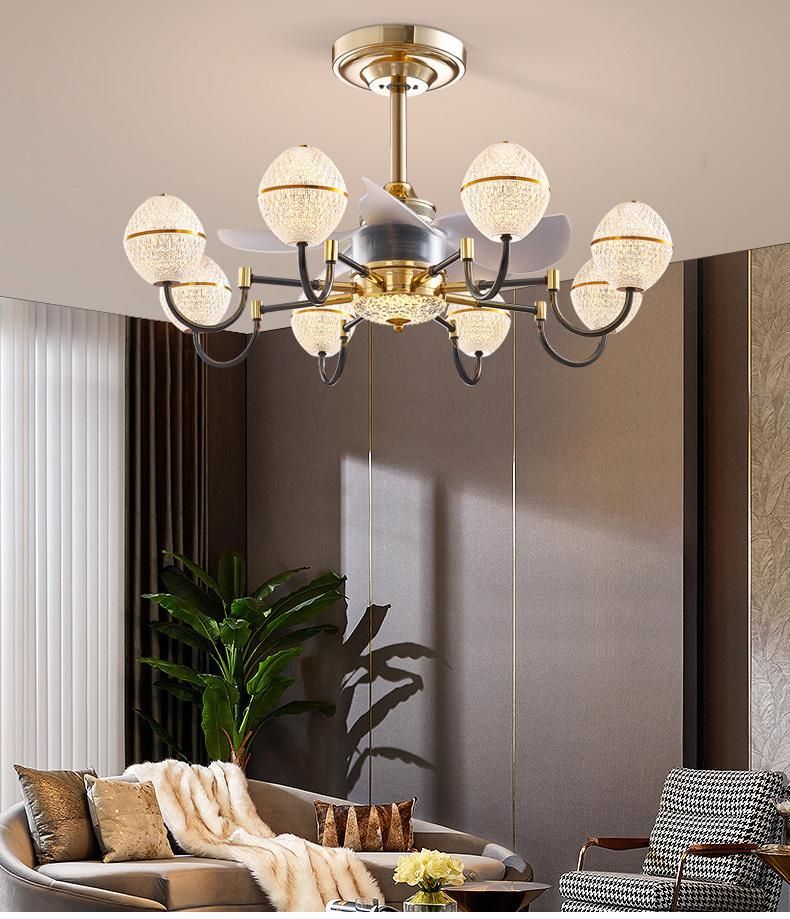 Nordic Copper Ceiling Fan Light Glass Crystal Chandelier Household Living Room Dining Room Fan with Light Remote Control