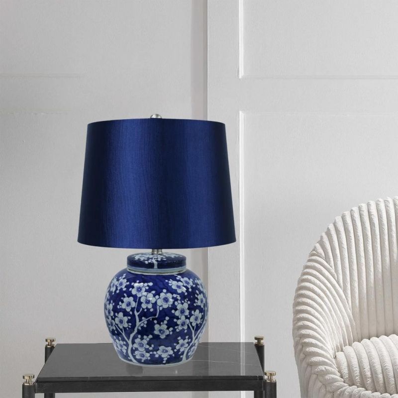 Porcelain Blue Table Lamp Modern Custom Simple Design Ceramic Light Fancy Bedside Lamps with Fabric Shade