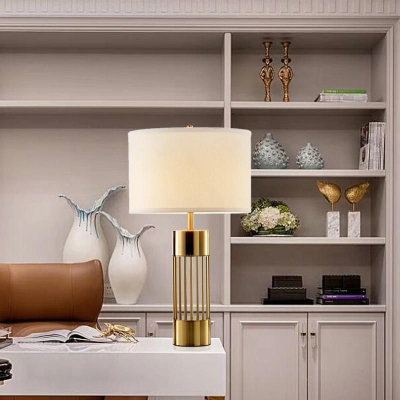 Modern Stylish Home Hotel Energy Saving Gold Base Bedside Table Light Metal Table Lamp with Fabric Shade